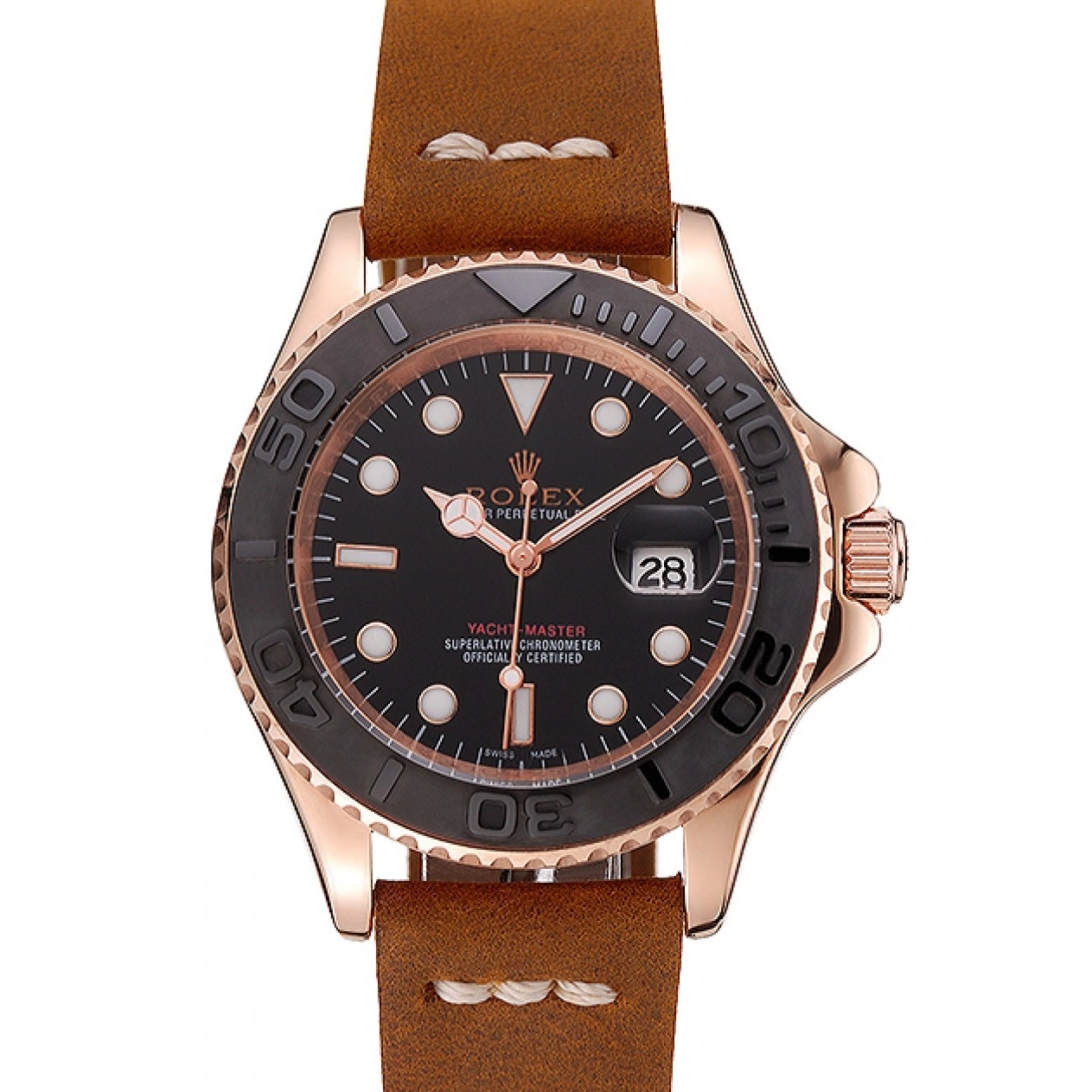 Aaa replica watch 1453861 Rolex Dial Master Black Rose Leather Case Yacht Brown Gold Bracelet 0628